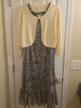 Vintage Cato Yellow Cropped Cardigan with Brown & Yellow Floral Print Maxi Dress